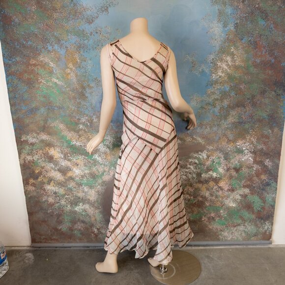 SOLD * 1930s Bias-Cut Plaid Maxi Dress w/Red Sheer Ruffle Overlay Set - Picture 14 of 17